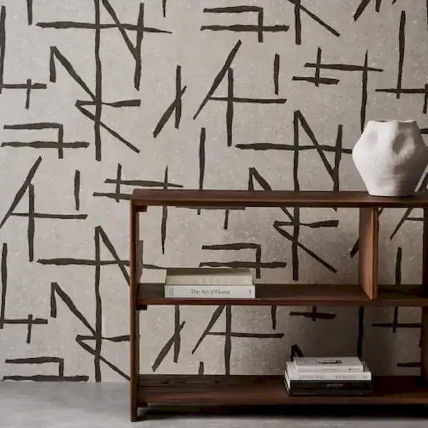 Dolmens Wallpaper - Onyx / Limestone by brown geometric wallpaper and wall with bookshelf and vases