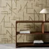 brown geometric wallpaper and wall with bookshelf and vases