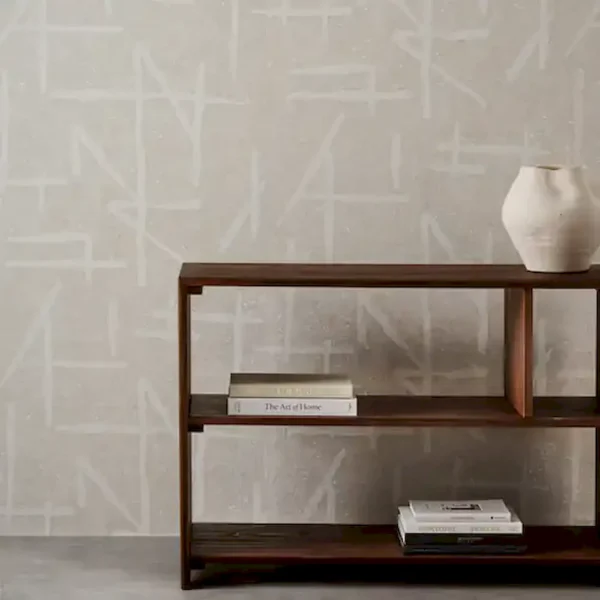 Dolmens Wallpaper - Chalk / Porcelain by black-grey geometric wallpaper and wall with bookshelf and vases