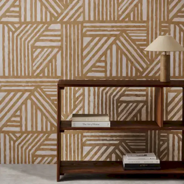 Crater Wallpaper - Limonite by yellow geometric wallpaper and wall with bookshelf and vases