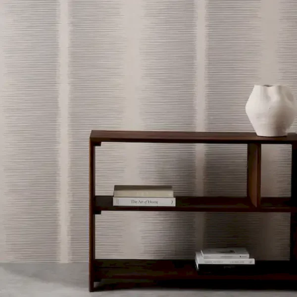 Chaco Wallpaper - Slate by black-grey striped wallpaper and wall with bookshelf and vases