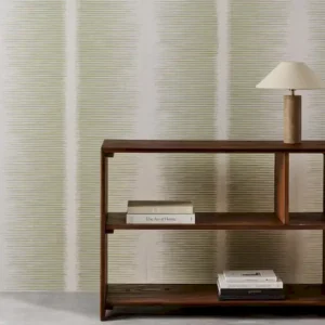 green striped wallpaper and wall with bookshelf and vases