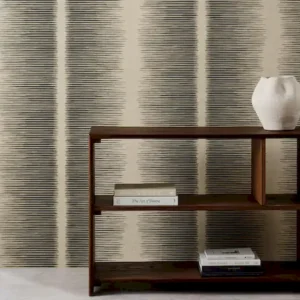 black-grey striped wallpaper and wall with bookshelf and vases