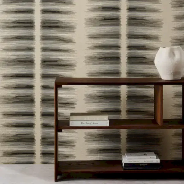 Chaco Wallpaper - Agate by black-grey striped wallpaper and wall with bookshelf and vases