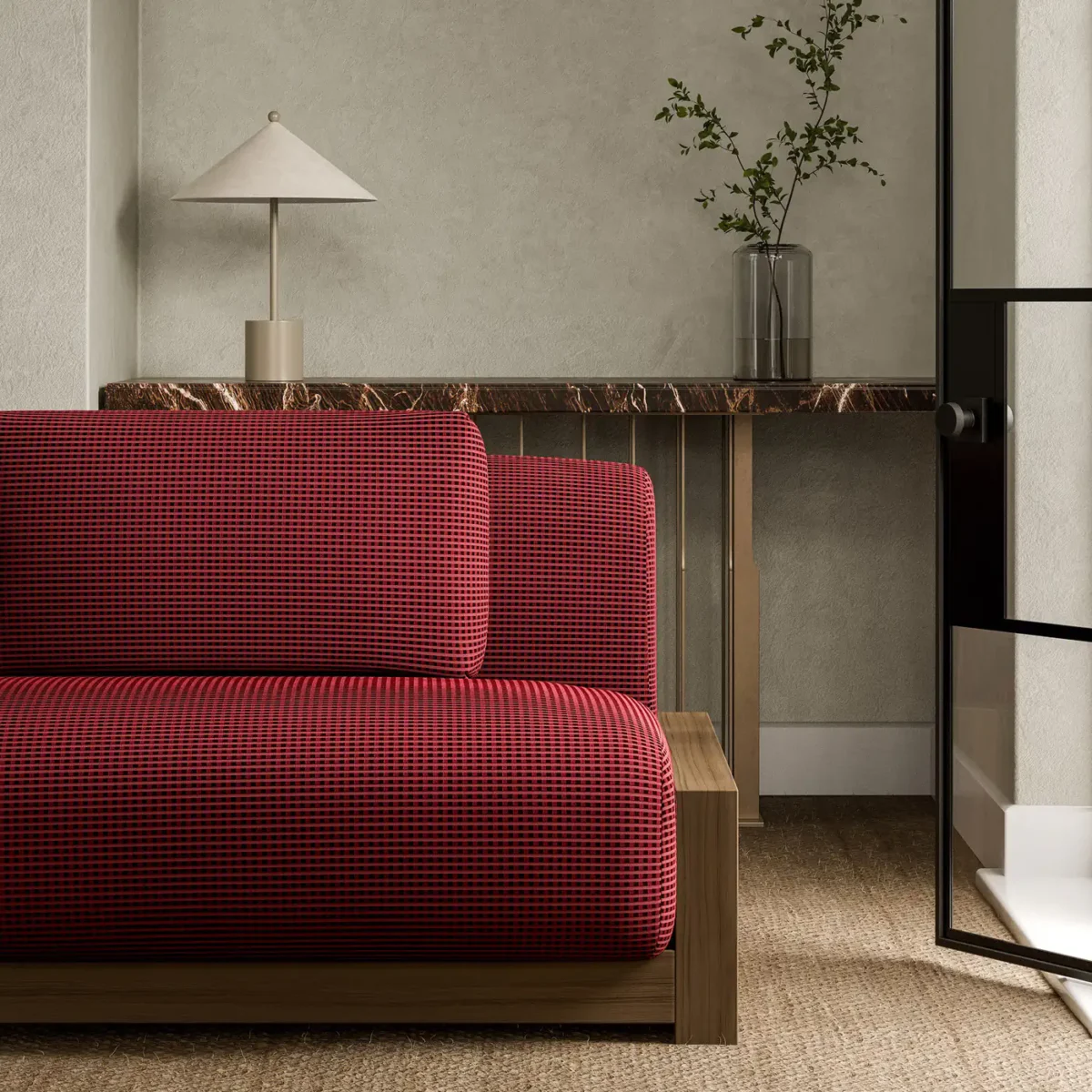 Ore Fabric - Rhodonite by red plain sofa with side table and vases