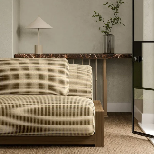 Ore Fabric - Granite by brown plain sofa with side table and vases