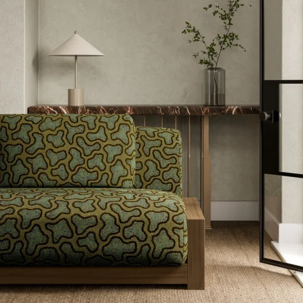 Molten Fabric - Moldavite / Emerald by green misc sofa with side table and vases