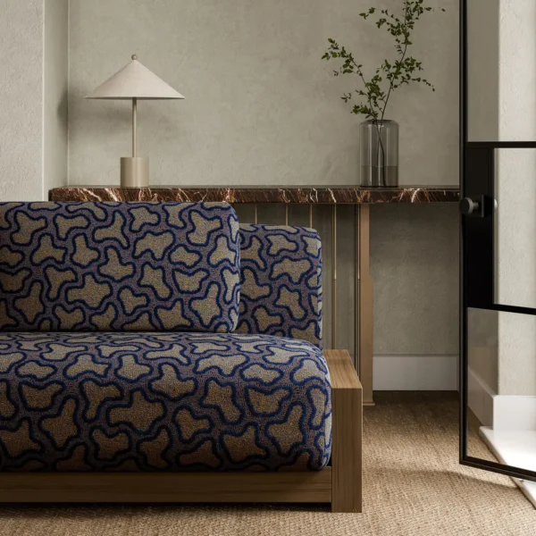 Molten Fabric - Lapis / Cinnabar by blue misc sofa with side table and vases