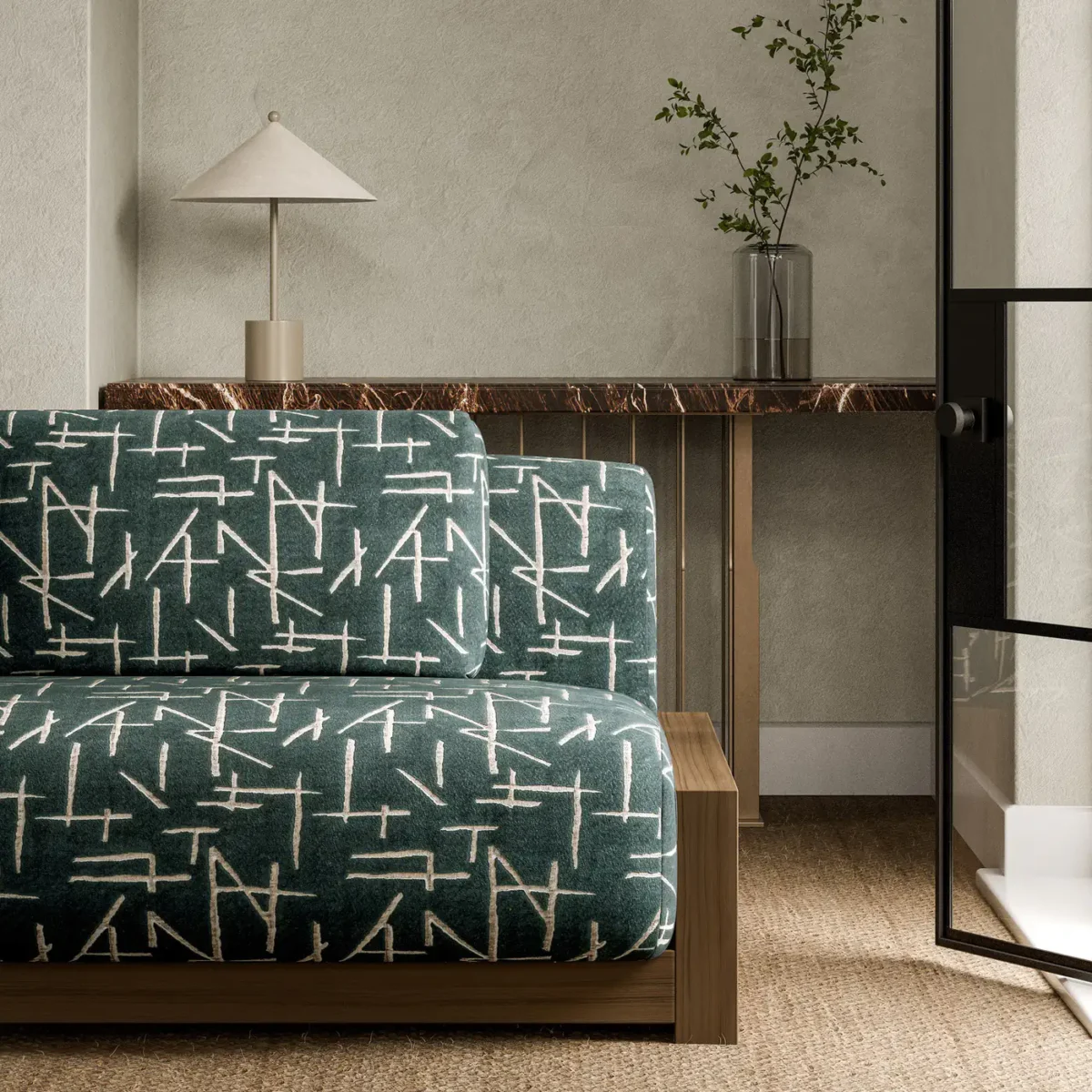 Dolmens Velvet Fabric - Midnight by blue geometric sofa with side table and vases