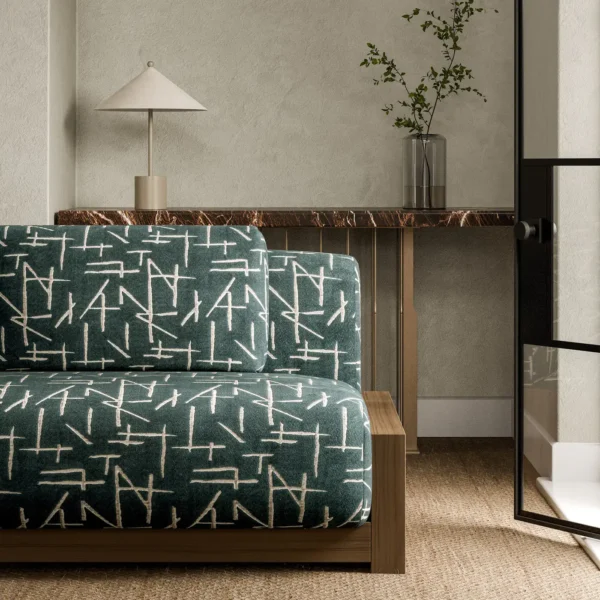 Dolmens Velvet Fabric - Midnight by blue geometric sofa with side table and vases
