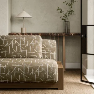 brown geometric sofa with side table and vases