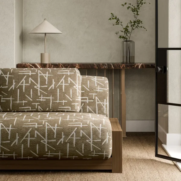 Dolmens Velvet Fabric - Sandstone by brown geometric sofa with side table and vases