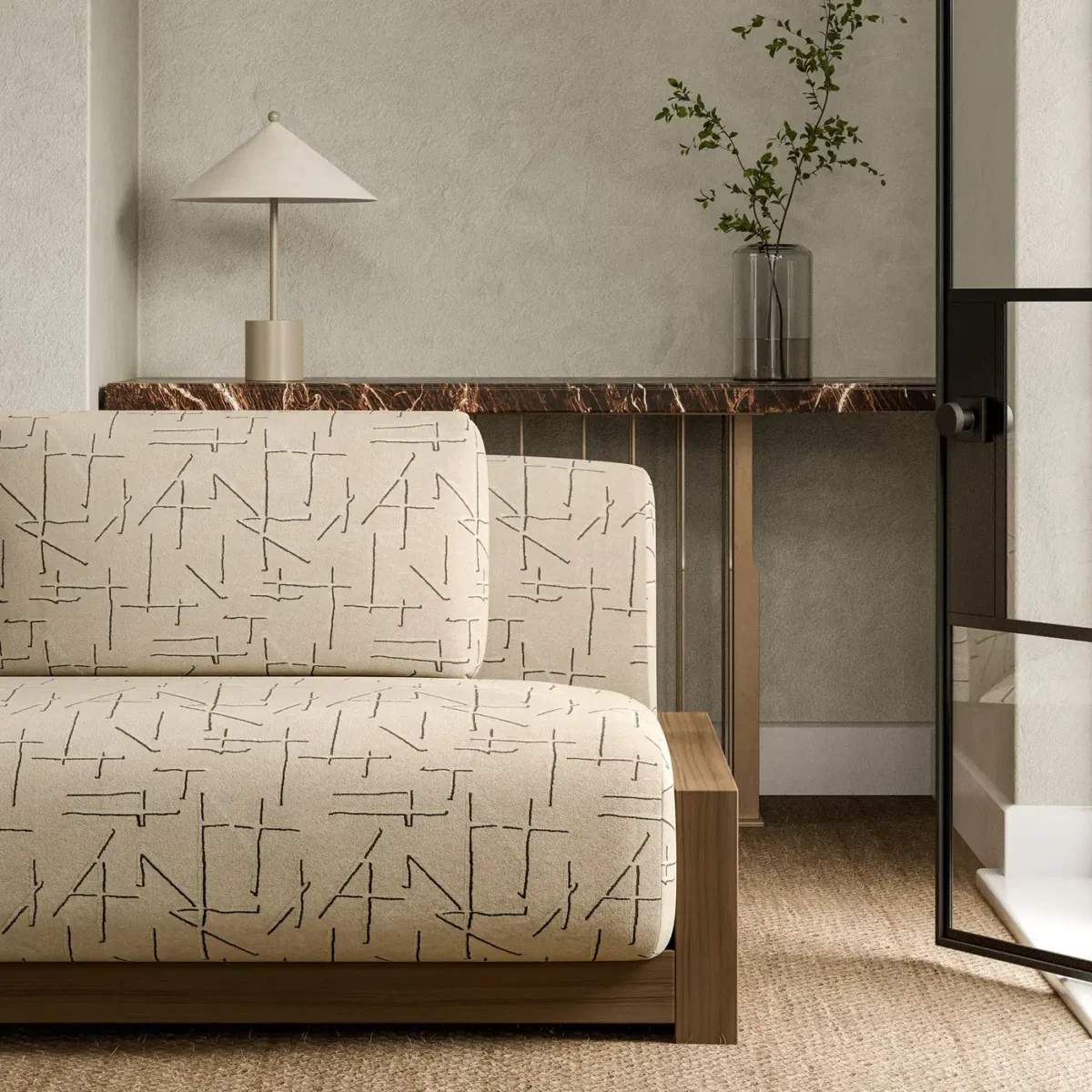 neutral geometric sofa with side table and vases