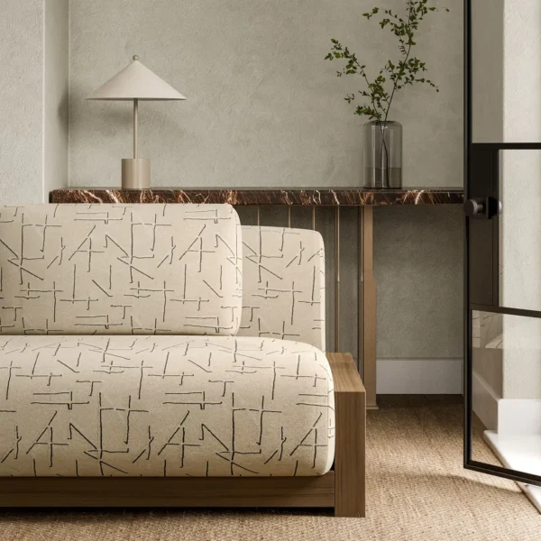 Dolmens Velvet Fabric - Calcatta by neutral geometric sofa with side table and vases