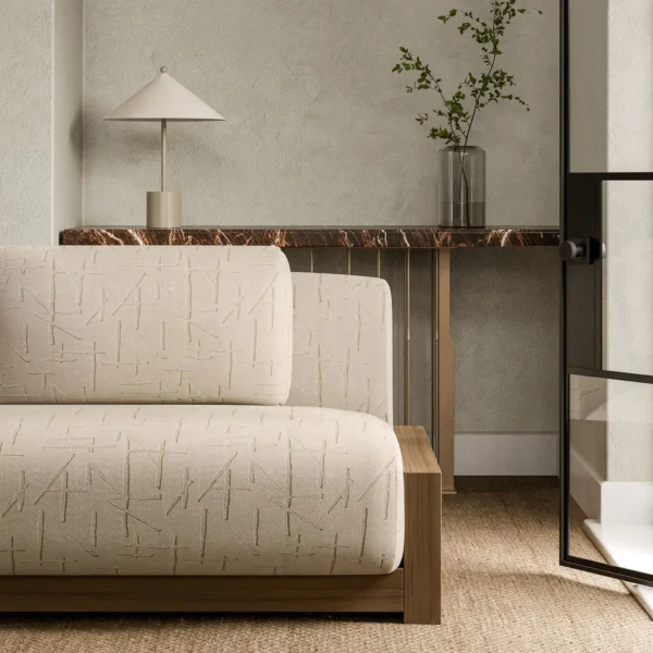 Dolmens Velvet Fabric - Moonstone by white geometric sofa with side table and vases