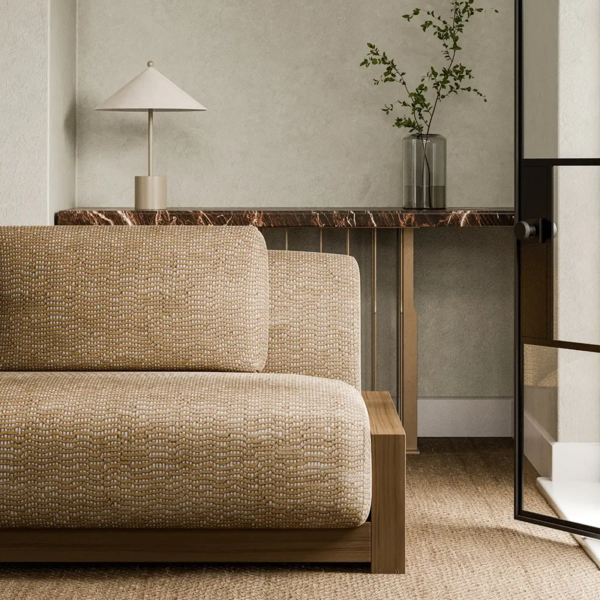 Chert Fabric - Sandstone by brown plain sofa with side table and vases