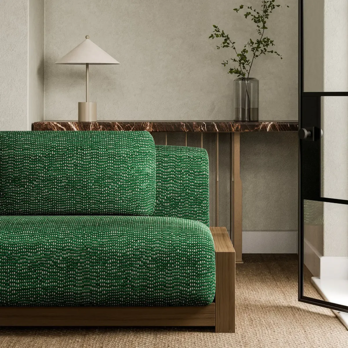 Chert Fabric - Malachite by green plain sofa with side table and vases