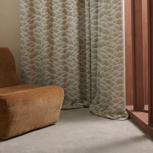 Zuni Fabric - Meadow by green misc curtain with armchair and window