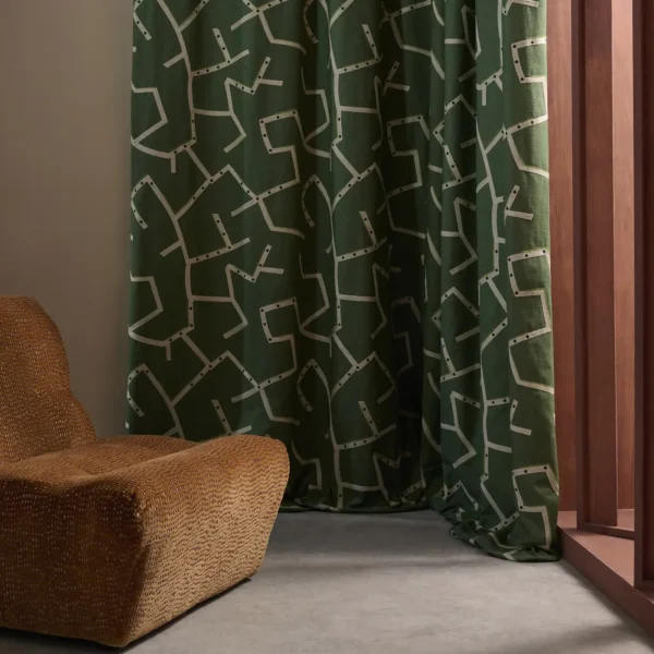 Saraceno Fabric - Jade by green misc curtain with armchair and window