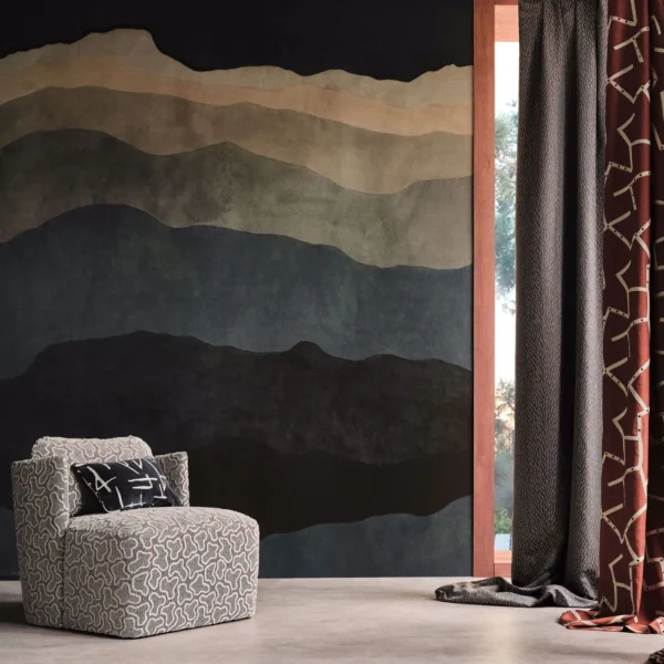 Saraceno Fabric - Rust by red misc curtain with wall and armchair