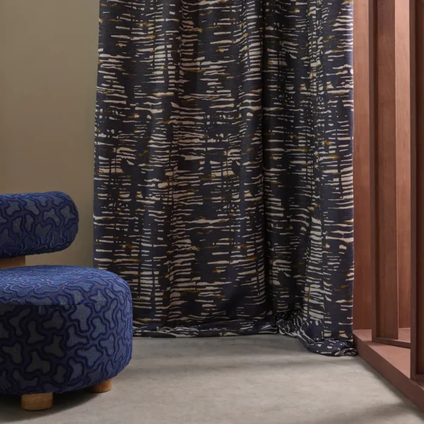 Oceanic Fabric - Lapis / Tigers Eye by blue contemporary curtain with armchair and window