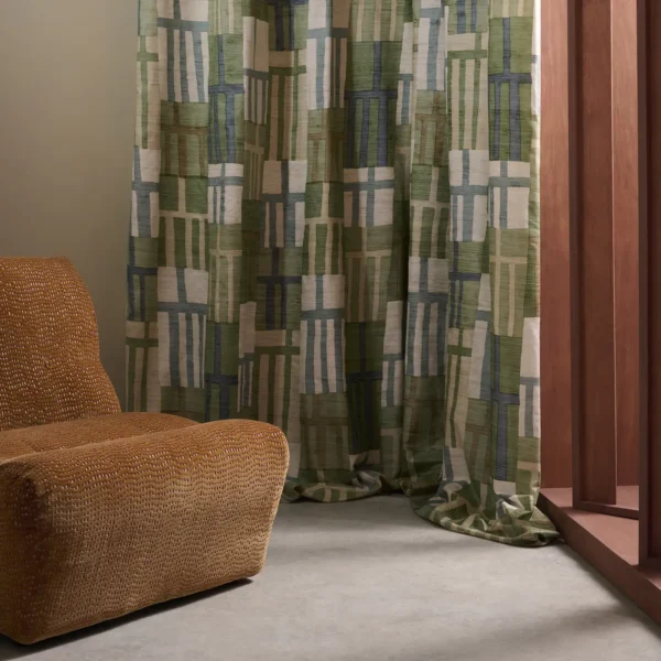 Monolith Fabric - Jade / Kyanite by green geometric curtain with armchair and window
