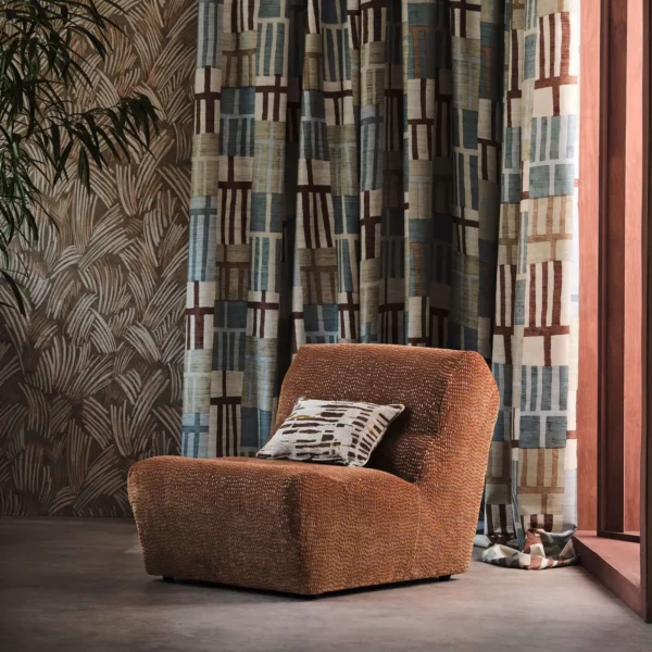 Chert Fabric - Tiger by red geometric curtain with armchair and wall