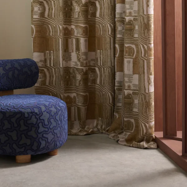 Kiva Fabric - Tigers Eye / Tourmaline by red contemporary curtain with armchair and window