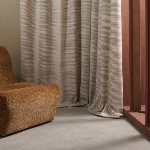 Chaco Fabric - Dove by neutral striped curtain with armchair and window