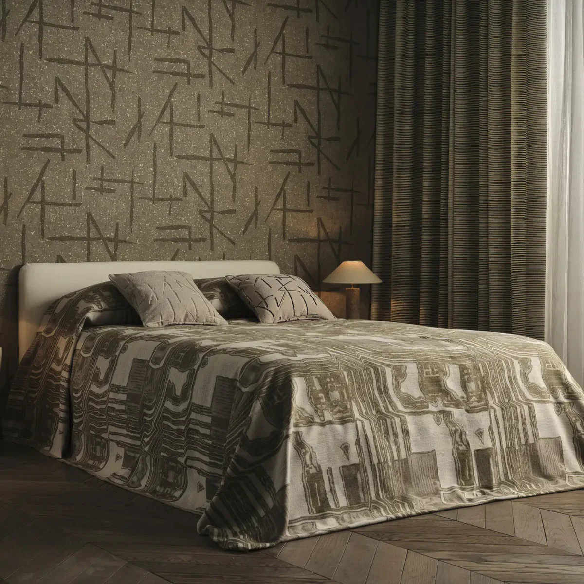 green striped curtain with bed and wall