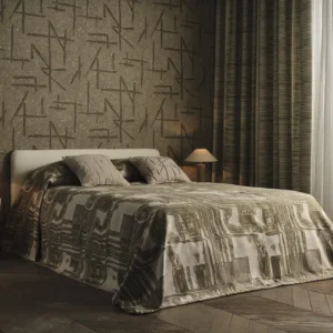 green striped curtain with bed and wall