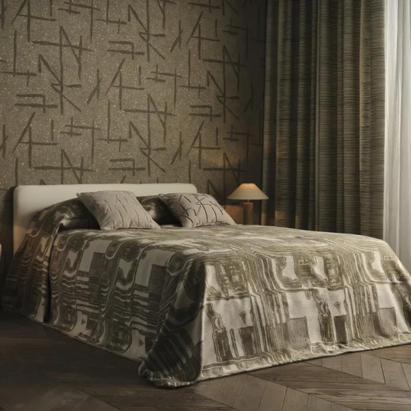 Kiva Fabric - Moss / Olivine by green striped curtain with bed and wall