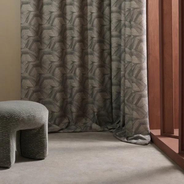 Cartography Fabric - Storm by blue geometric curtain with armchair and window
