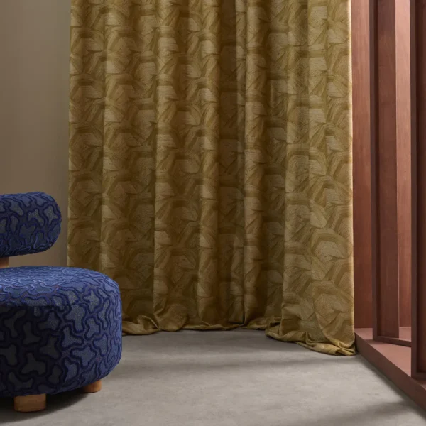 Cartography Fabric - Tourmaline by yellow geometric curtain with armchair and window