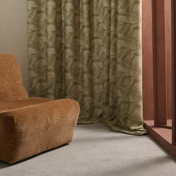 Cartography Fabric - Moss by green geometric curtain with armchair and window