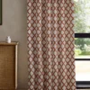 red geometric curtain with cabinets and window