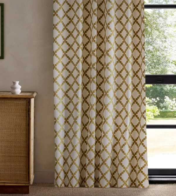 Swithland Embroidery Fabric - Honey by yellow geometric curtain with cabinets and window
