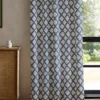 blue geometric curtain with cabinets and window