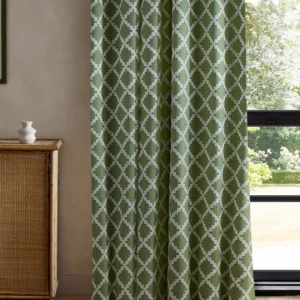 green geometric curtain with cabinets and window