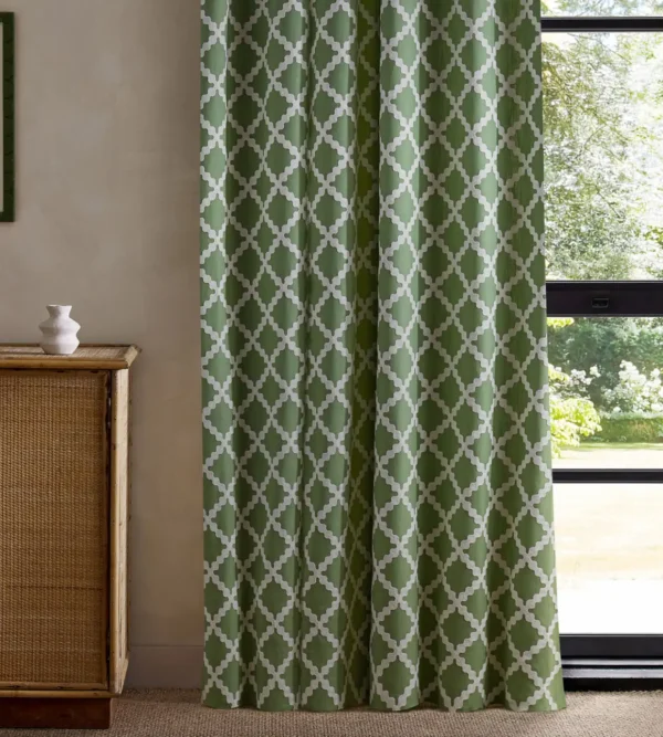 Swithland Embroidery Fabric - Pine by green geometric curtain with cabinets and window