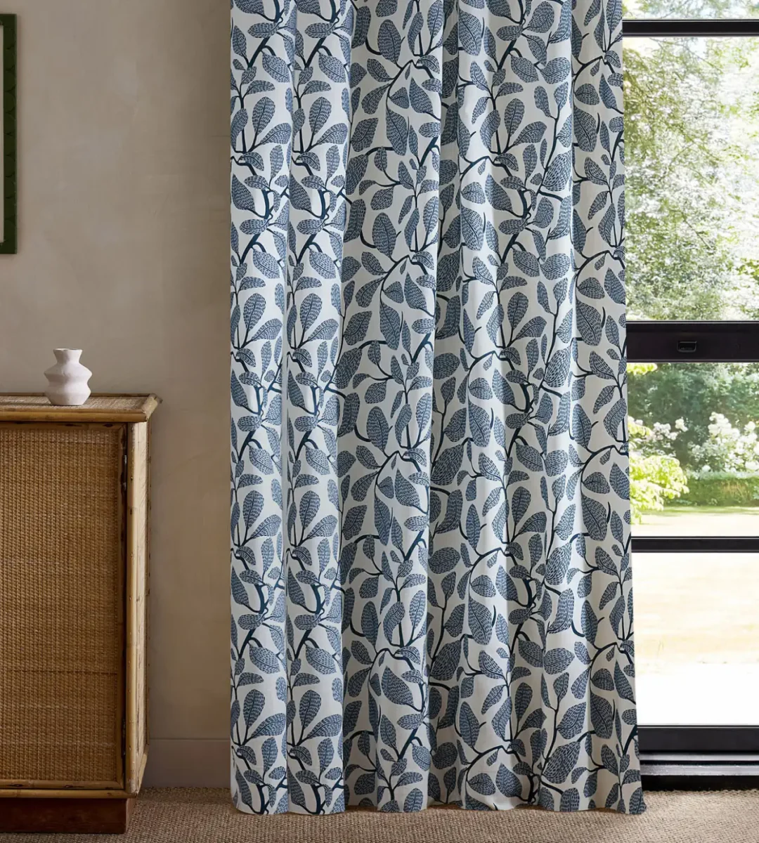 Sweet Bay Print Fabric - Indigo by blue botanical curtain with cabinets and window