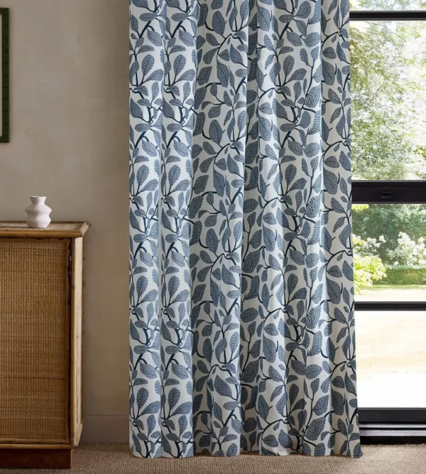 Sweet Bay Print Fabric - Indigo by blue botanical curtain with cabinets and window