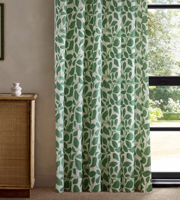 Sweet Bay Print Fabric - Forest by green botanical curtain with cabinets and window