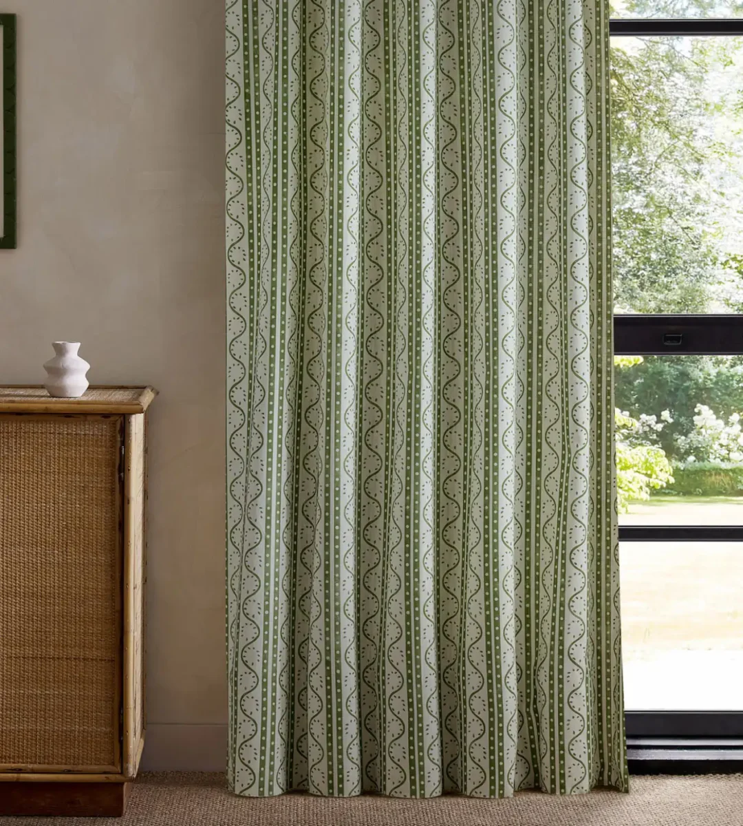 Split Pea Print Fabric - Pine by green striped curtain with cabinets and window