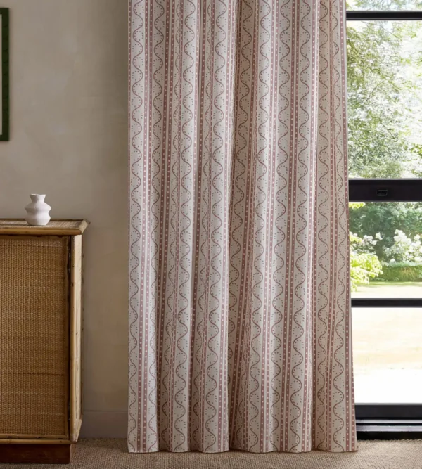 Split Pea Print Fabric - Dusk Pink by pink striped curtain with cabinets and window