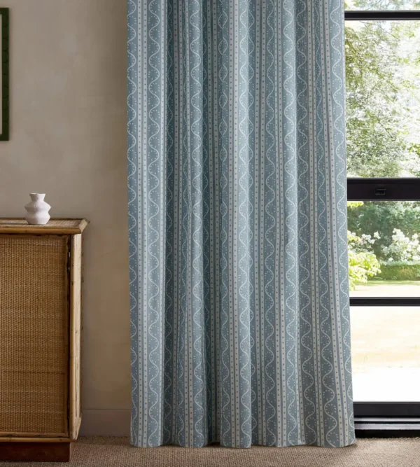 Split Pea Print Fabric - Coast Blue by blue striped curtain with cabinets and window