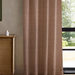 red striped curtain with cabinets and window