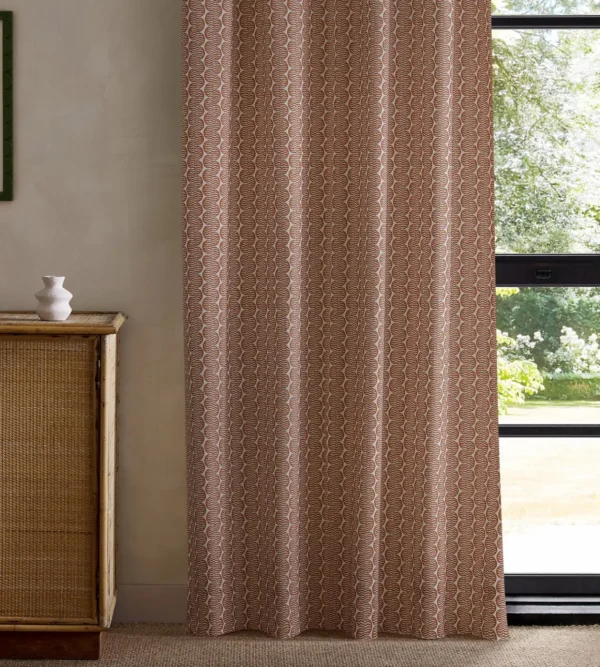Raft Stripe Print Fabric - Rust by red striped curtain with cabinets and window