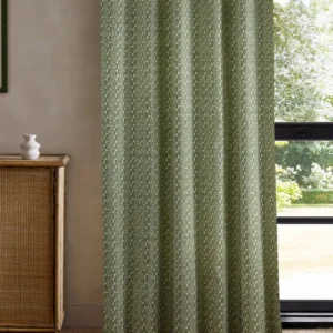 green striped curtain with cabinets and window