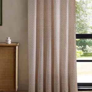 pink striped curtain with cabinets and window